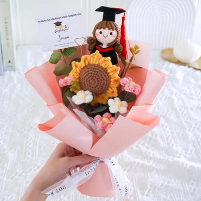 Yousheng Crochet Graduation Theme Bouquet Handmade Artificial Sunflower Puff Flower Bouquet with Doll 2026 Grad Party Gifts for Graduation Birthday