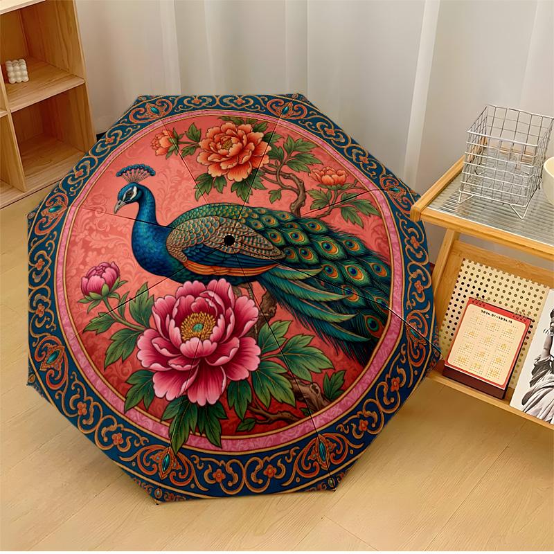 Peacock and Golden Bird Among Flowers Printed umbrella windproof folding umbrella portable sun and rain umbrella suitable for gifting