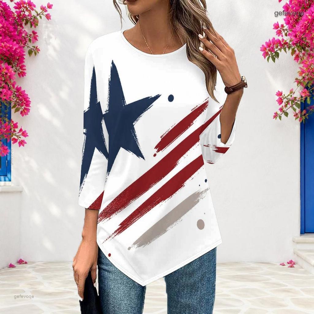 Womens Plus Size Casual Three Quarter Sleeve Blouse Pointed Hem Soft Breathable Daily Ladies Outfit Top
