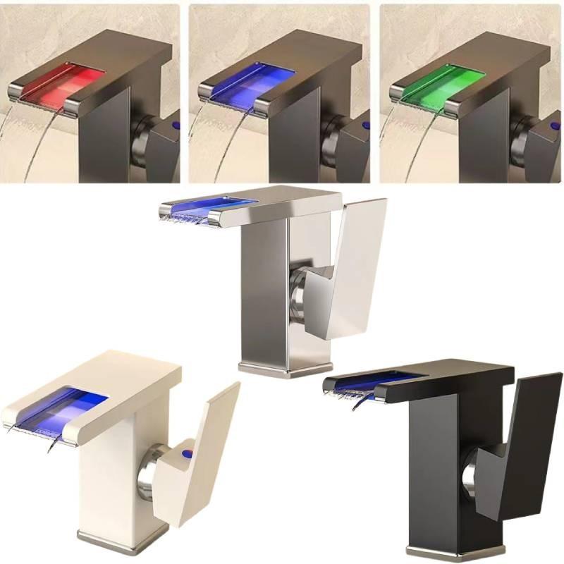 Led Bathroom Rgb Sink Mixer Tap Temperature Sense Waterfall Faucet Change Color