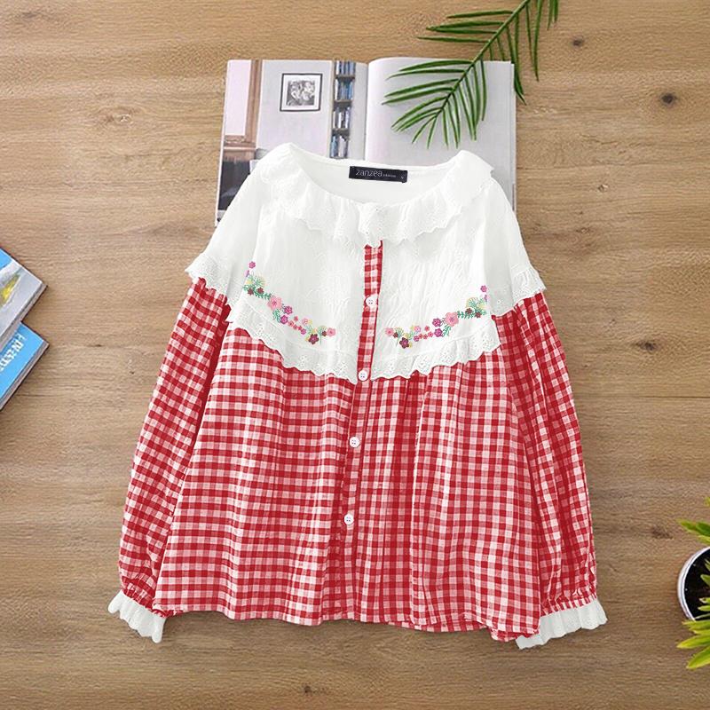 ZANZEA Women Lace Patchwork Casual Long Sleeve Grid Print Blouse