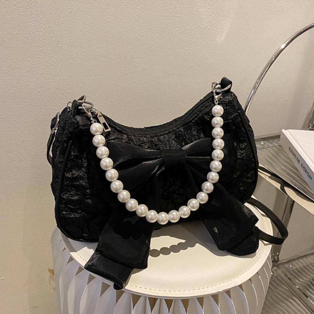 Canvas Bow Underarm Bag Pearl Small Square Bag Luxury Bow Shoulder Bag  Girls