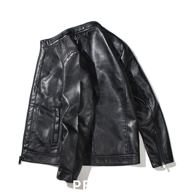Leather jacket men's new trendy autumn and winter Korean style stand-up collar motorcycle leather jacket green handsome jacket