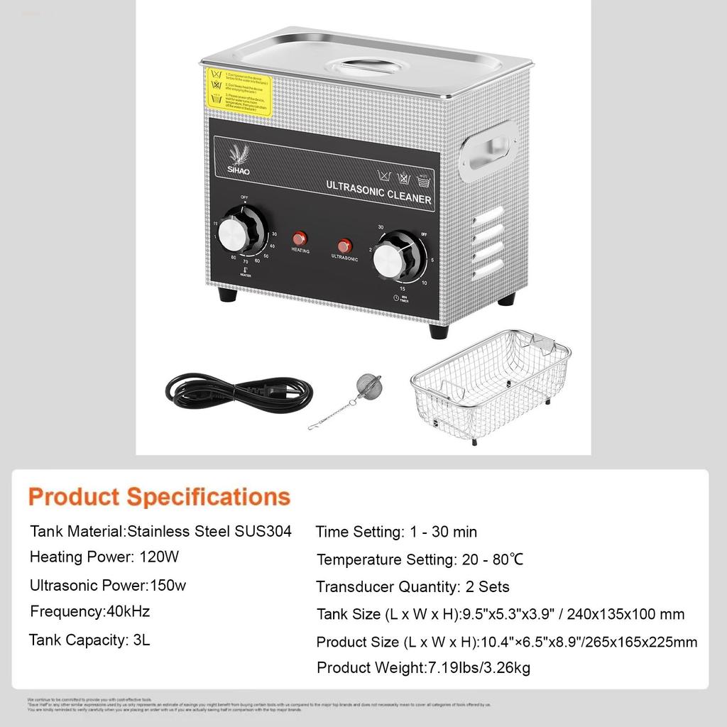 Pulitore Ultrasuoni 2-30L 40KHz con Riscaldatore Timer per Pulizia Gioielli Controllo a Manopola Occhiali Anelli Protesi Denti Strumenti Musicali
