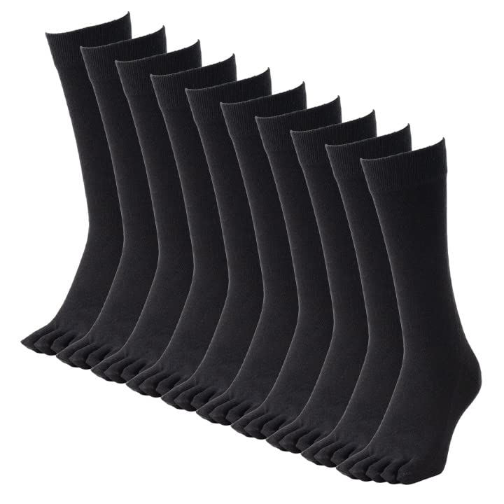 RENFRO Set of and Crew Length Men's Five-Toe Socks, 10, Cotton, Deodorizing, Antibacterial, Odor-Resistant, Black, 25-28cm,