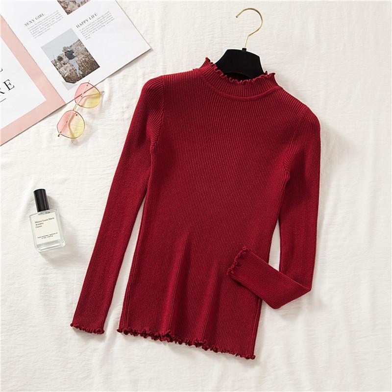 

Модный повседневный вязаный свитер для женщин, осень и зима, однотонный, облегающий, с высоким воротом, женские свитера, элегантные теплые джемперы 24844 One Size бордовый