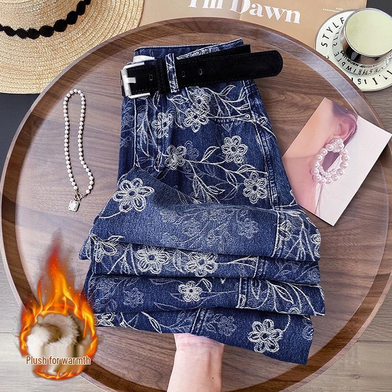 Winter 2026 High-Waisted Blue Chic Retro Embroidered Jeans - Plus Velvet Thickened Straight Leg Pants