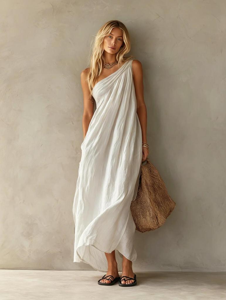 Women One Shoulder Draped Maxi Dress Casual Asymmetric Hem Beach Vacation Dress