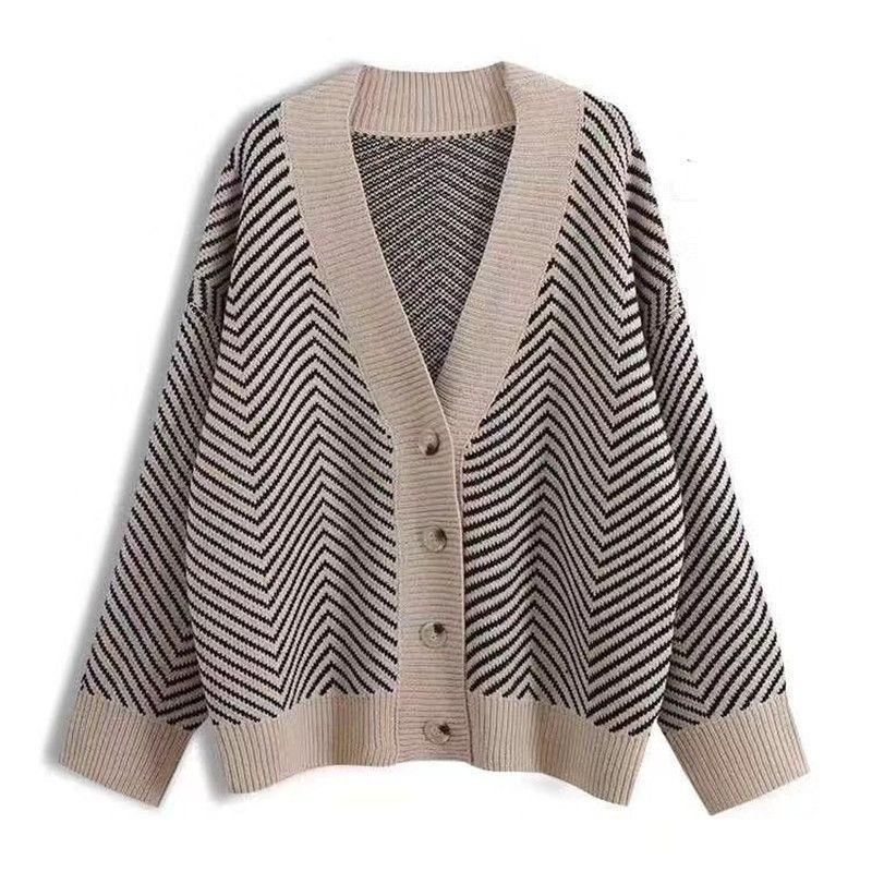 

Autumn and winter new retro knitted cardigan women s striped lazy style loose coat versatile outerwear sweater XL