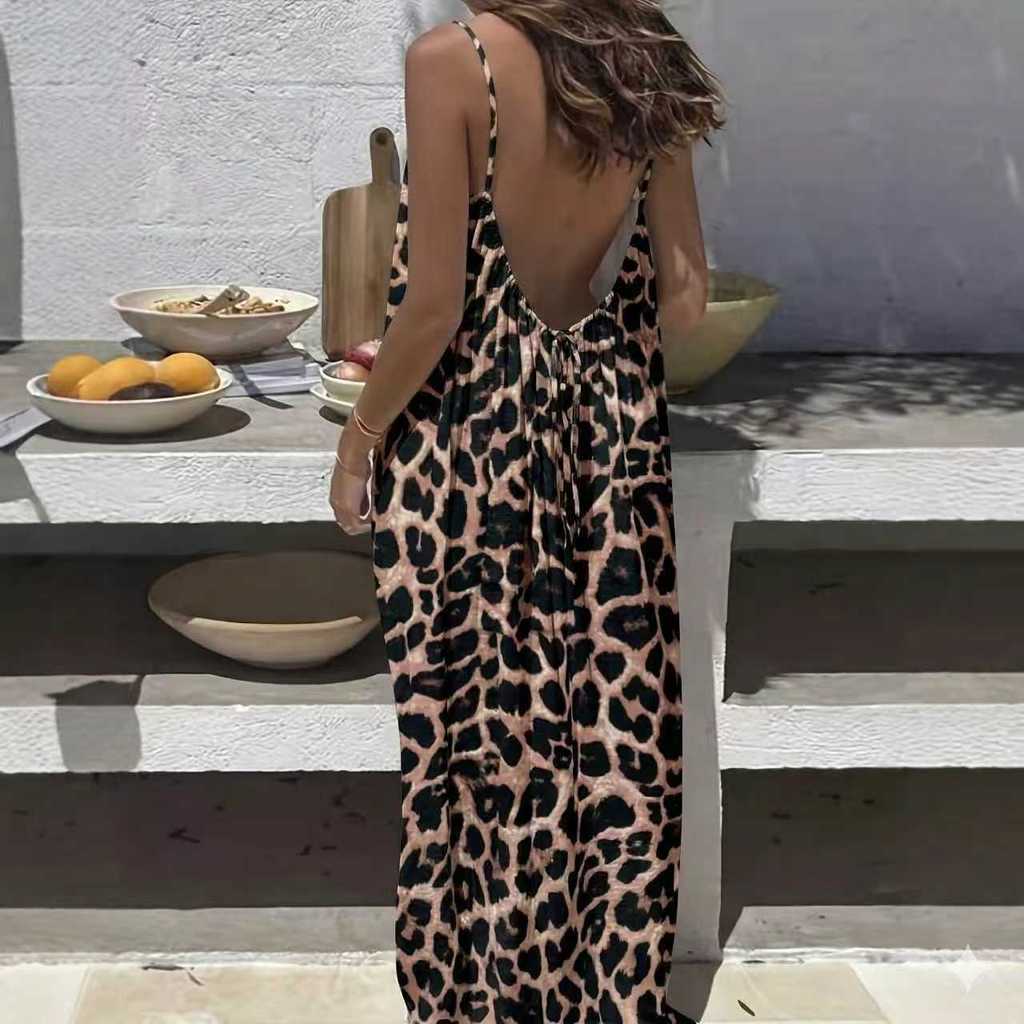Maxi Abito Estivo Stampato Senza Schiena con Spalline Annodate per Uso Casual in Vacanza al Mare