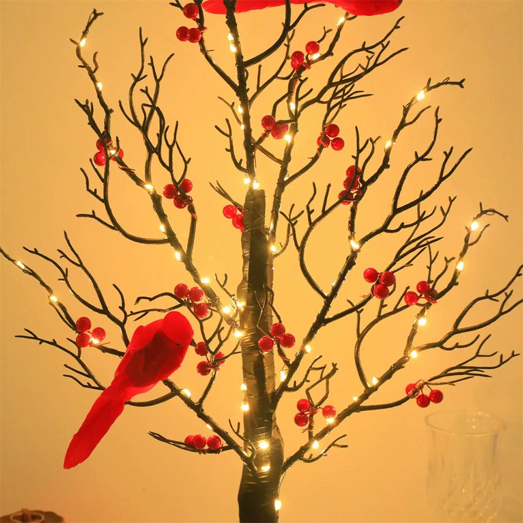 2025 60 LED Black Artificial Birch Lighting With Red Berry And Bird Parrots Battery Operated Tabletop Mini Artificial Tree Lamp