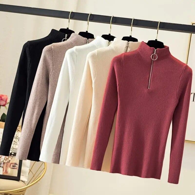 Knitted Women Zipper Half High Neck Ring Zipper Slim Top Sweater Pullovers Autumn Winter Basic Women Sweaters Slim Solid Knitwear Pull Femme Tops