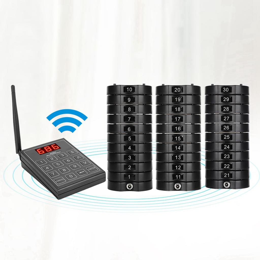 Restaurant Wireless Calling System Queuing Buzzer with 30pcs Coaster Pagers and A Keypad 100‑240V