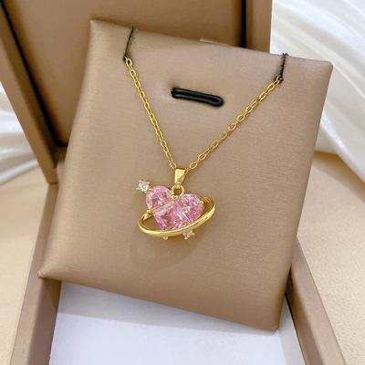 Einfache Rosa Herz Zirkon Planet Anhänger Halsketten für Damen Mädchen Süße Edelstahl Kette Halskette Schmuck Zubehör Geschenke