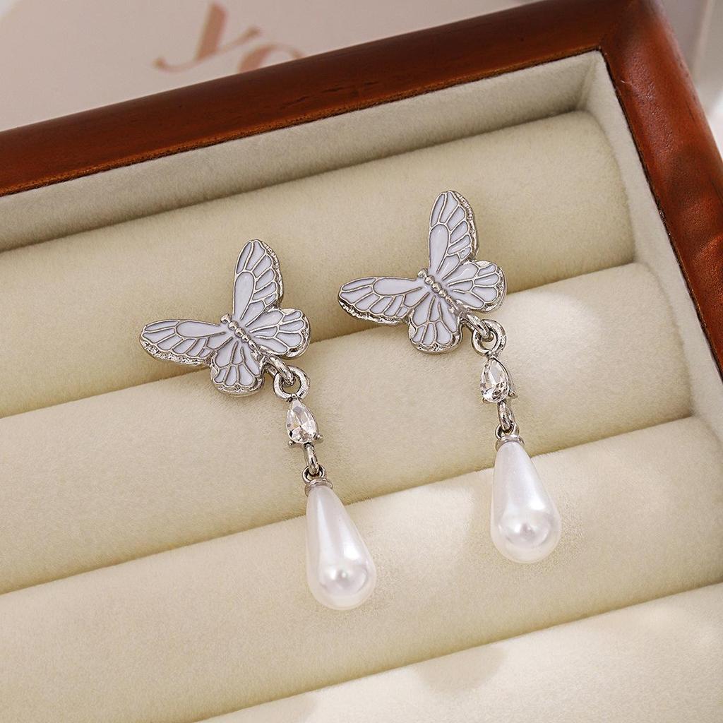 French Retro Silver Needle Butterfly Earrings with Drip Oil Inlay and Pearl Drop