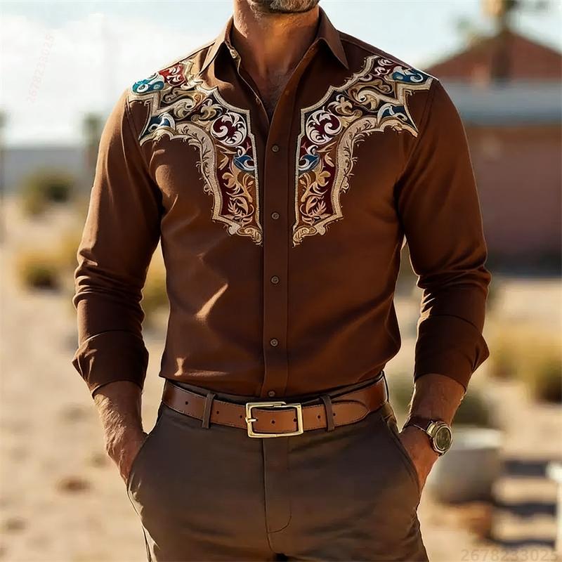 Men's Retro Fashion Printed Long-Sleeve Shirt, Western Cowboy Style, Slim Fit Casual Shirt, Comfortable Fabric, Sizes XS-6XL