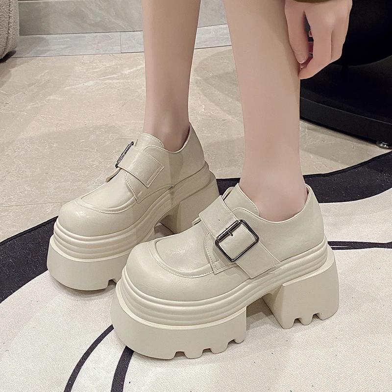 Fashion 10CM Heels Buckle Casual Leather Shoes New 2025 Spring Women Chunky Sneakers Comfortable Pumps High Platform Walking Shoes Woman