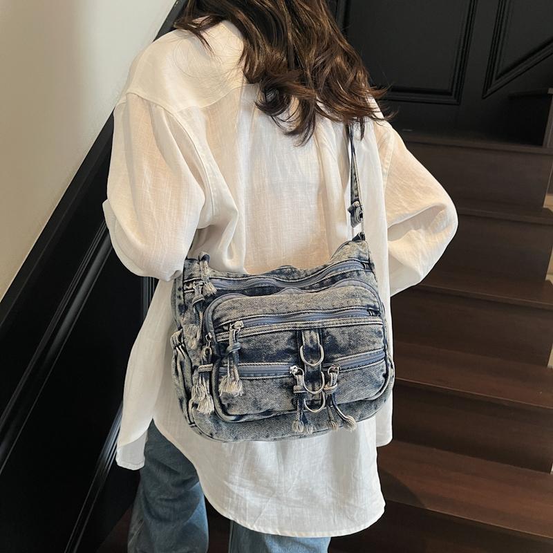 Women Crossbody Bag Vintage Shoulder Bag Multi-Layer Pocket Denim Bag