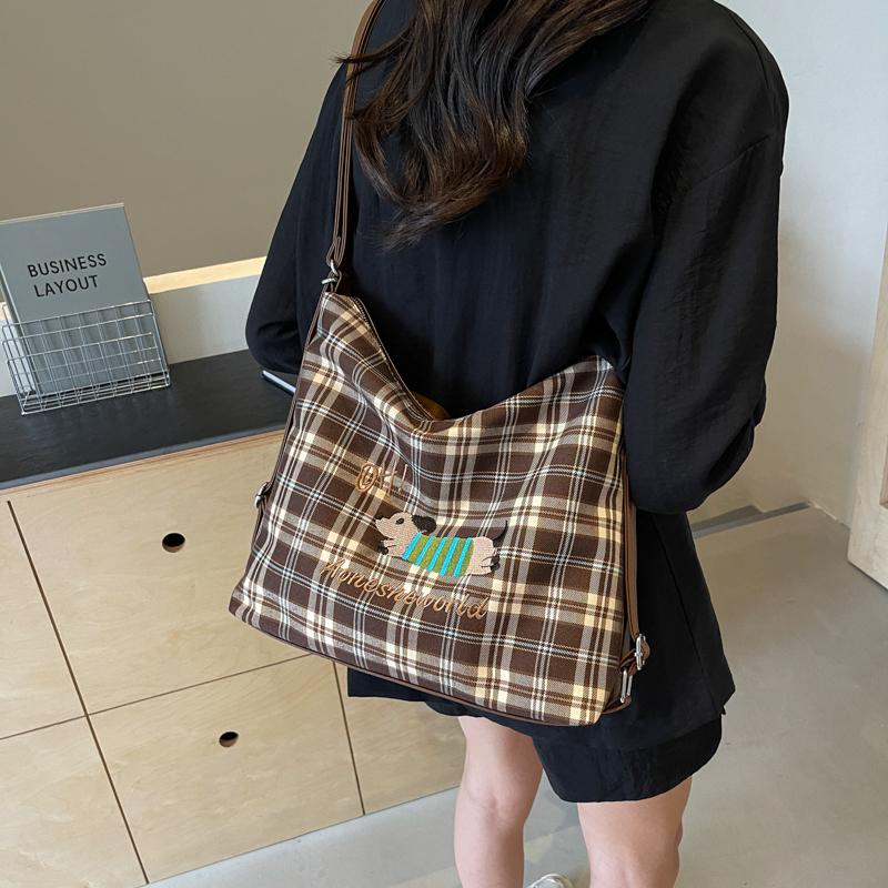 Large Capacity Backpack Women's Commuter Bag Plaid Tote Bag Cartoon Dog Shoulder Bag