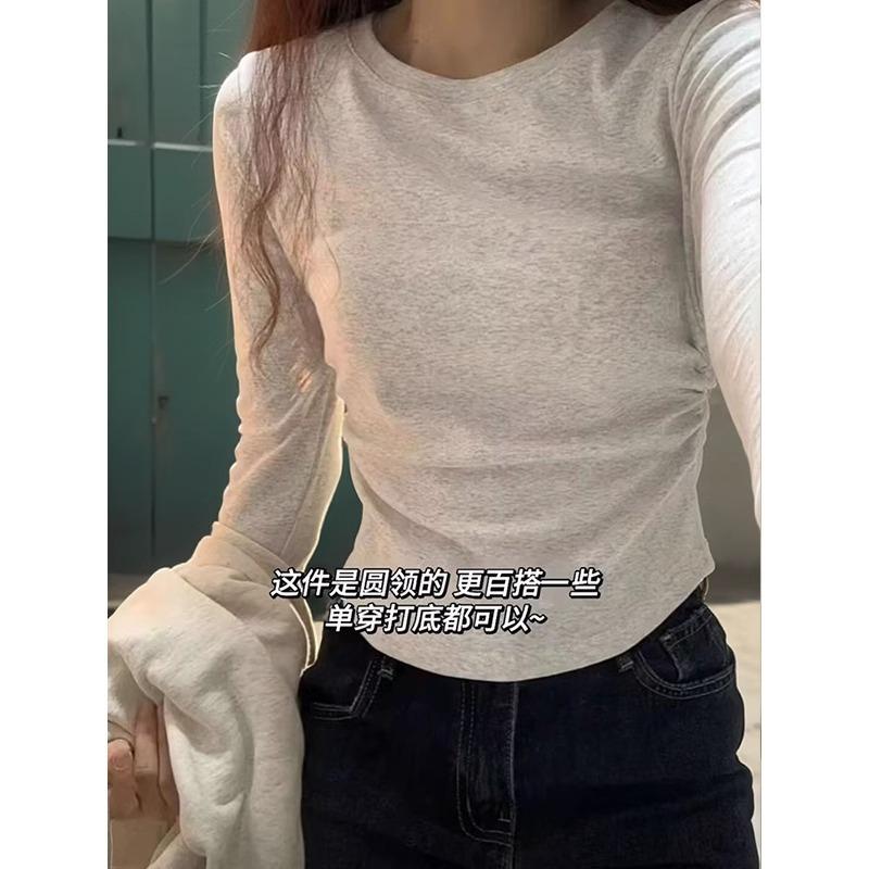 Autumn Winter Solid Irregular Folds Waist All-match Bottomed Tee Women Long Sleeve Casual Pullover T-shirt Top