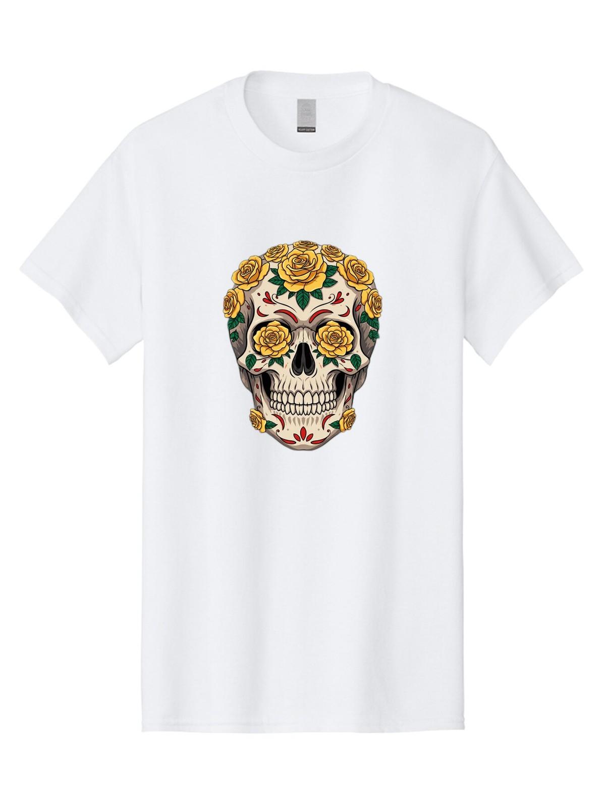 Sugar-Skull-With-Yellow-Roses Mens Graphic Tee, 100% Cotton, Casual Summer Wear S