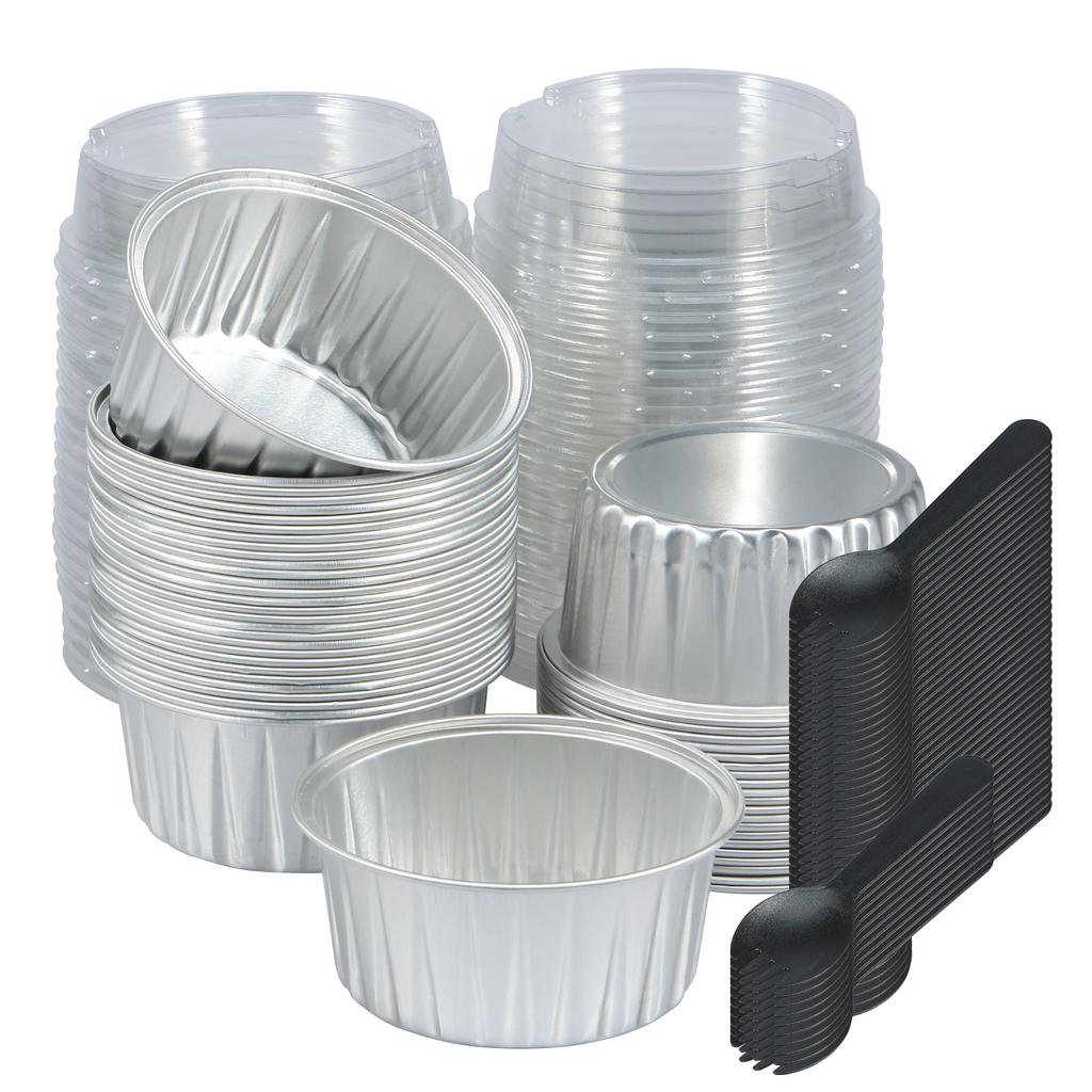 50Pcs 5oz Mini Baking Cups Aluminium Foil Cake Pans with Lids Spoons Heat Resistant Cupcake Muffin Liners for Gatherings Parties