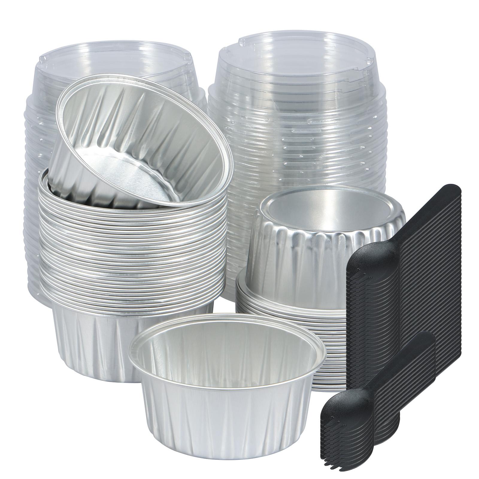 

50Pcs Aluminium Foil Baking Cups 5oz Mini Cake Pans with Lids and Spoons Heat Resistant Cupcake Baking Cups Foil Muffin Liners