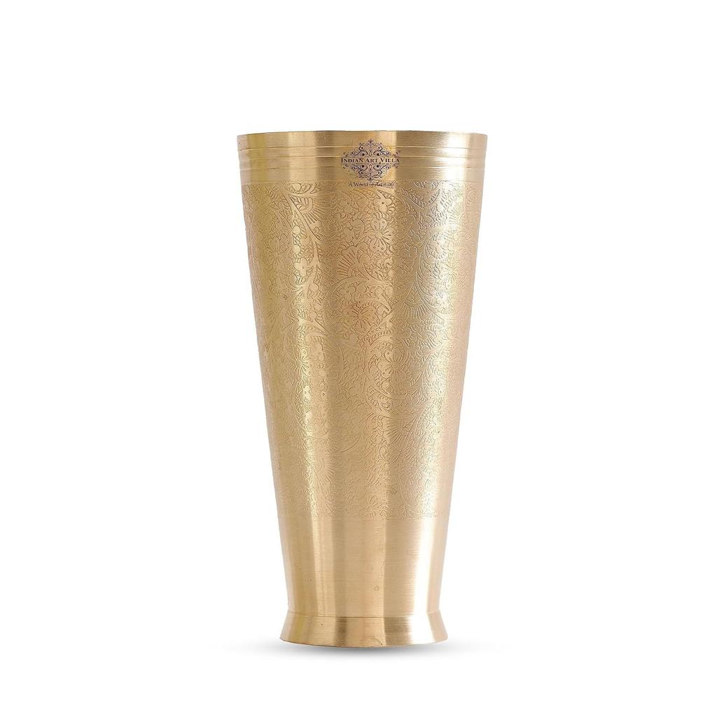 Brass Lassi Glass with Embossed Design, Drinkware & Serveware for Lassi, Milk, and Water, Height-8" Inches, Volume-1100 Ml