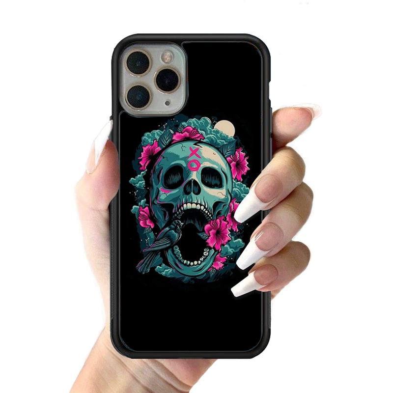 Skeleton Skull Flowers Phone Case Silicone PC+TPU Case for iPhone 11 12 13 Pro Max 8 7 6 Plus X SE XR Hard Fundas
