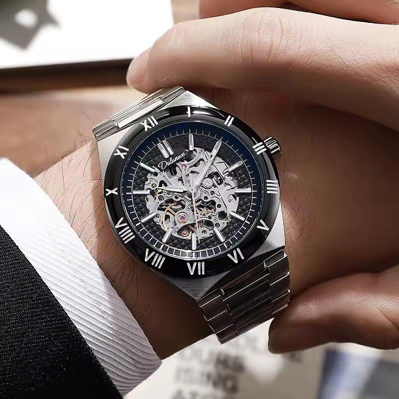 Dulunwe Skeleton Mechanical Watches Blue Roman Dial Watch for Men Automatic Watches Luxury Sports Waterproof Clock