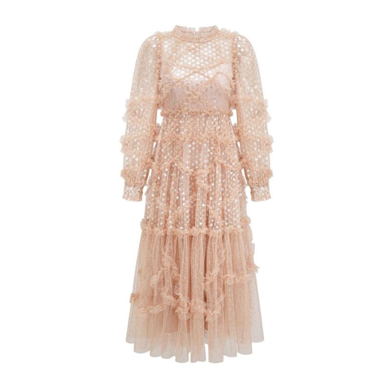 Elegant Mesh Embroidered Sequined High-Waist Long Sleeve Long A-skirt Daily Travel Dress
