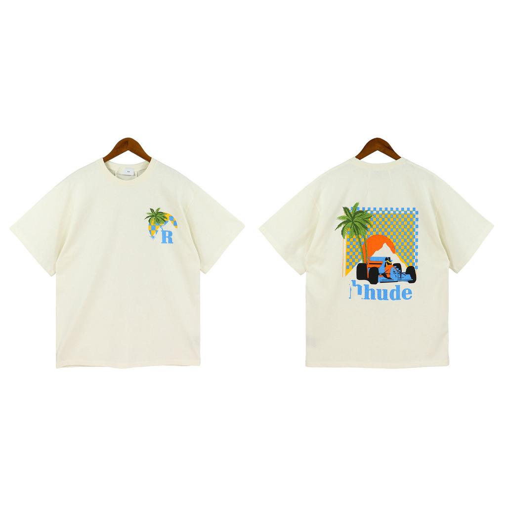 2023 Cross-border European and American tide brand RHUDE micro-standard sunset coconut tree racing printing short-sleeved t-shirt men's and women's 