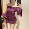 Spring Sexy Spice Girl Purple One-word Shoulder Dress Female Design Off-Shoulder Inner Long Sleeve Hip Wrap Skirt
