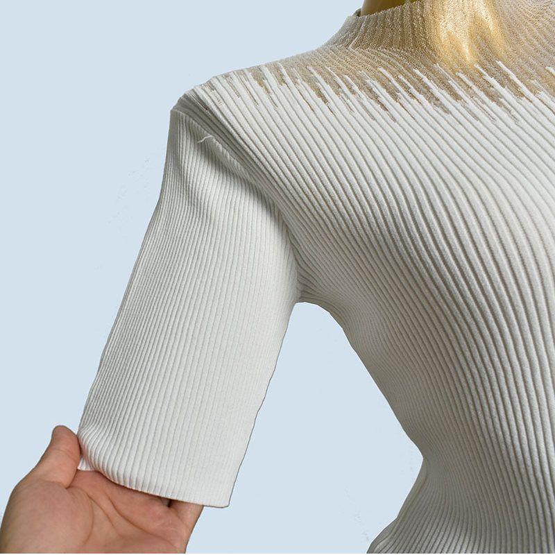 Half-high Collar Tulle Hollow Lace Knitted Short Sleeve Ice Shirt Silk T-shirt Women's Spring Summer Half Sleeve Western Style Base Top