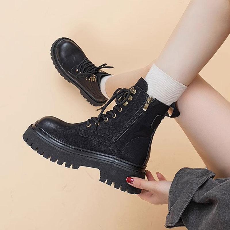 Rhubarb boots retro motorcycle boots British style women's autumn and winter new item thick sole