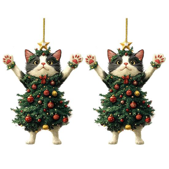 Weihnachtskatze im Weihnachtsbaum Acryl Hängeornament 2D Flach Auto Rückspiegel Anhänger Weihnachtsgeschenke für Katzenliebhaber