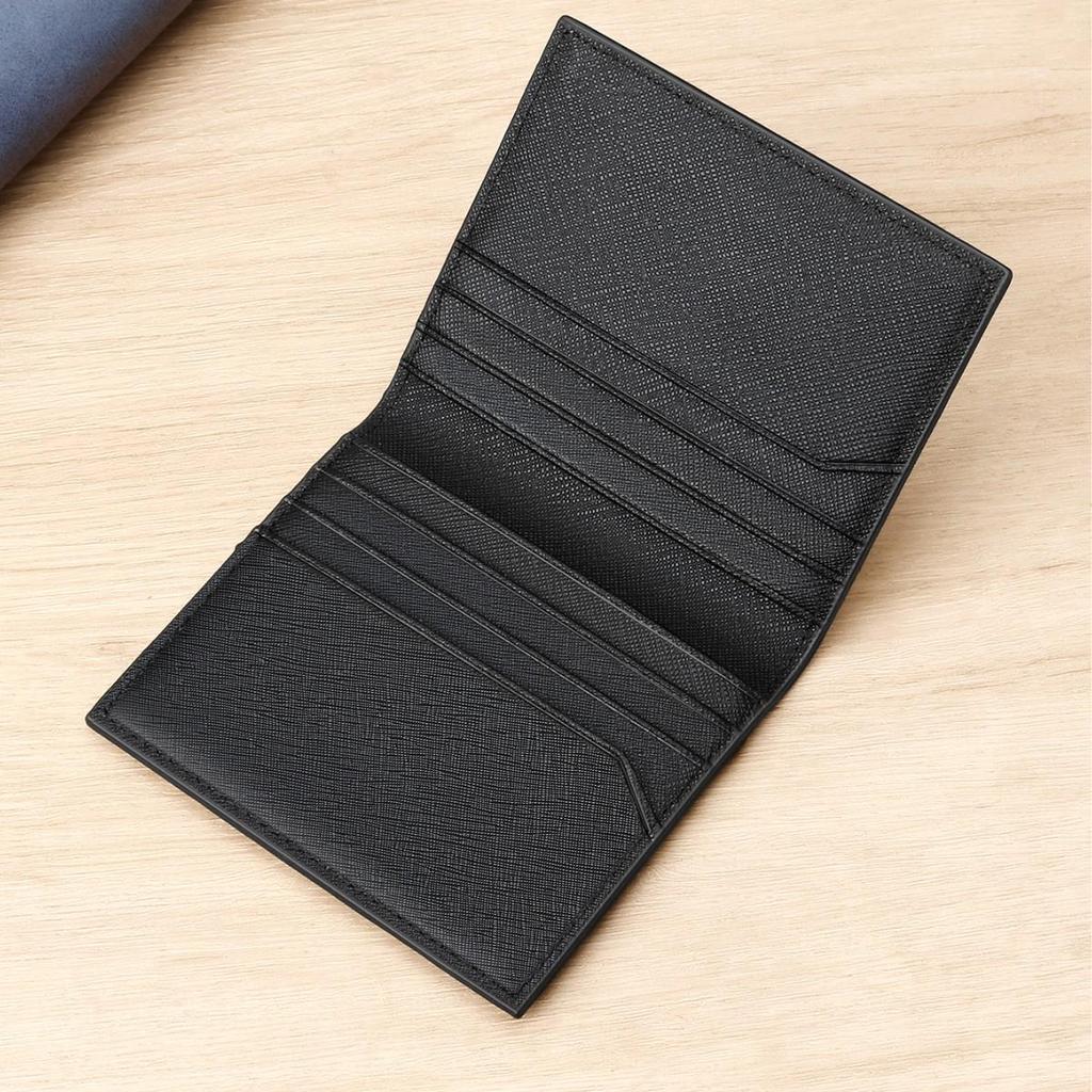 Men's Minimalist Crossgrain Cowhide Leather Card Holder with Logo and Anti-magnetic Feature.