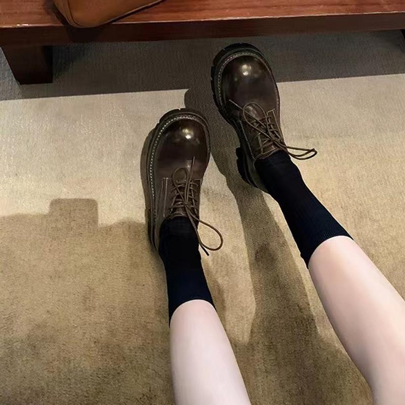 Grape mother washed shrinkage soft horse leather thick-soled lace-up Loafu British lace-up round head small leather shoes women