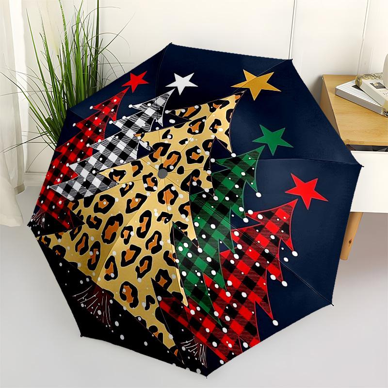 

1pc Christmas Tree Plaid Leopard Pattern Umbrella with Plastic Handle,Compact & Stylish,Cartoon Pattern,Outdoor UmbrellaPT321