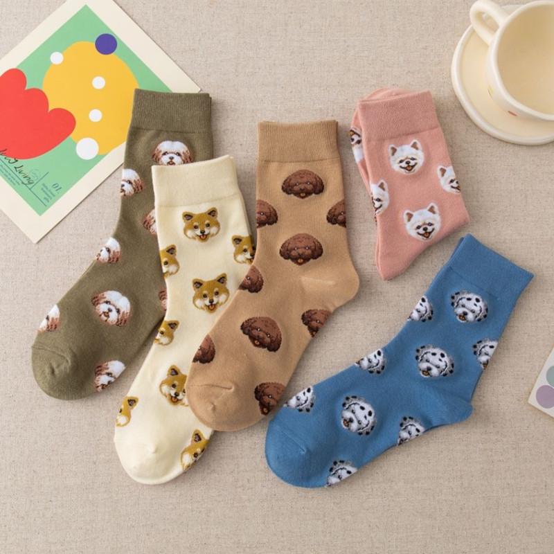 Korean Style Women's Cartoon Dog Cotton Mid-Calf Socks - Autumn/Winter Trendy Creative Japanese Long Socks