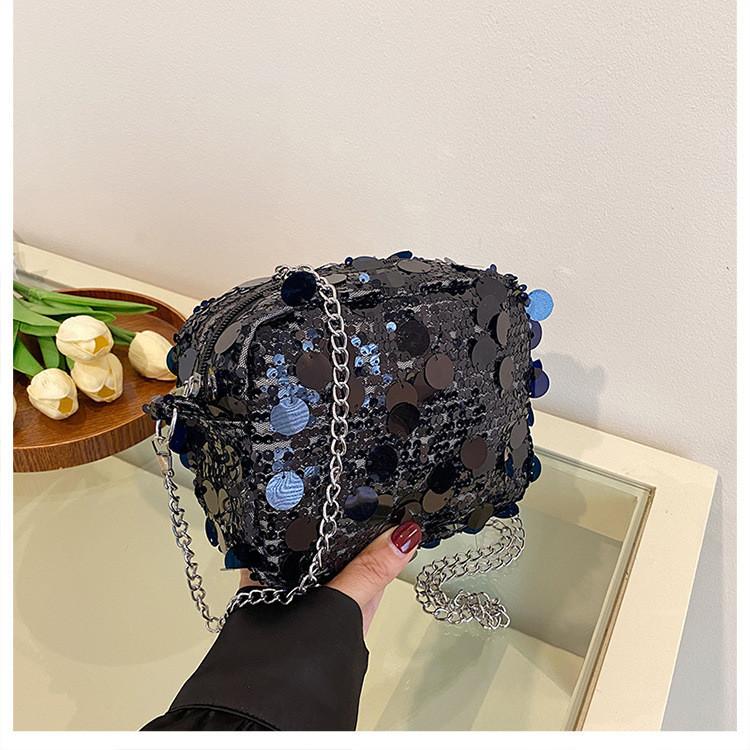 Шикарная Городская Минималистичная Блестящая Пайетками Сумка на Плечо из Искусственной Кожи Вместительная Сумка-Кроссбоди Для Повседневных Прогулок в Черном Фиолетовом Серебристом Цветах чёрный