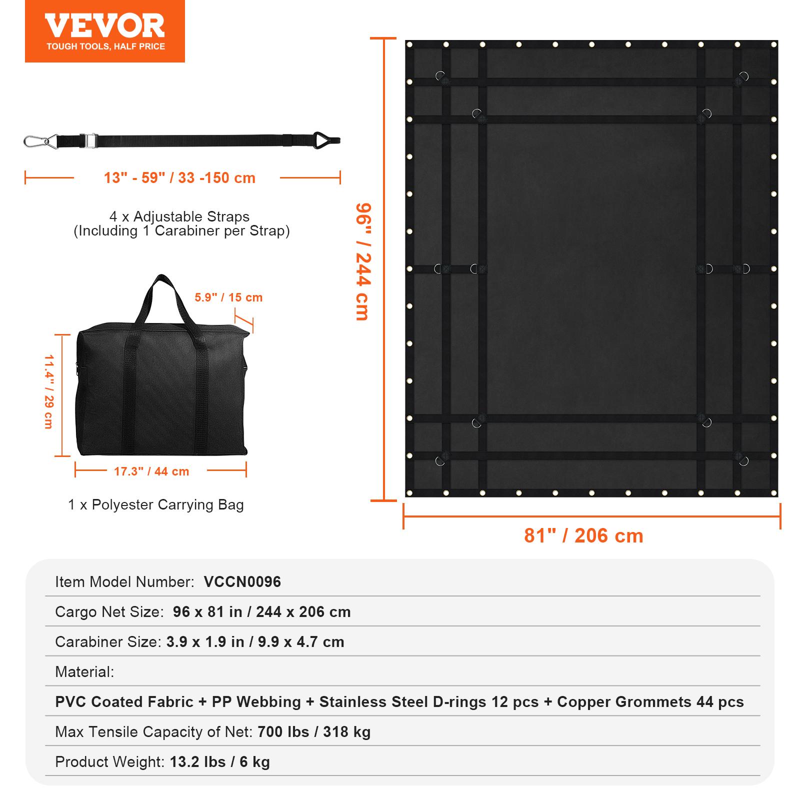 SucceBuy 700lbsCar Ceiling Cargo Net Strong Load-Bearing Mesh with 4 Adjustable Straps Car Roof Storage Organizer for Jeep Truck 96 x 81in