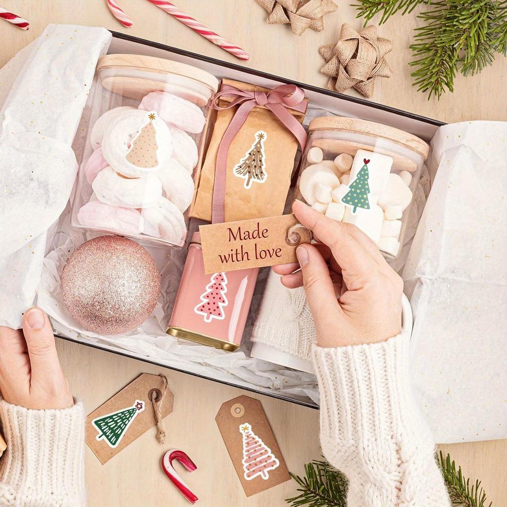 500pcs Christmas Boho Stickers - Pastel Christmas Tree Decals with Pine Trees, Polka Dots, Floral Bows - Self-Adhesive