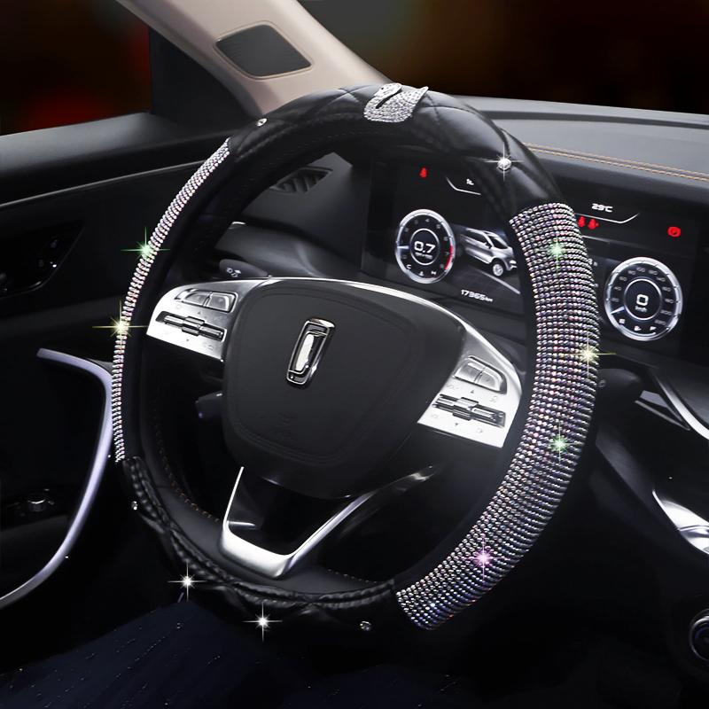 Women's D-Shape All-Season Non-Slip Steering Wheel Cover with Rhinestones