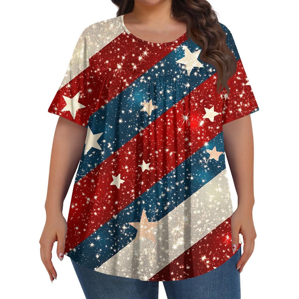 Damenmode, Übergröße, lässig, kurzärmliges Oberteil mit Rundhalsausschnitt und Falten vorne zum Unabhängigkeitstag-Aufdruck