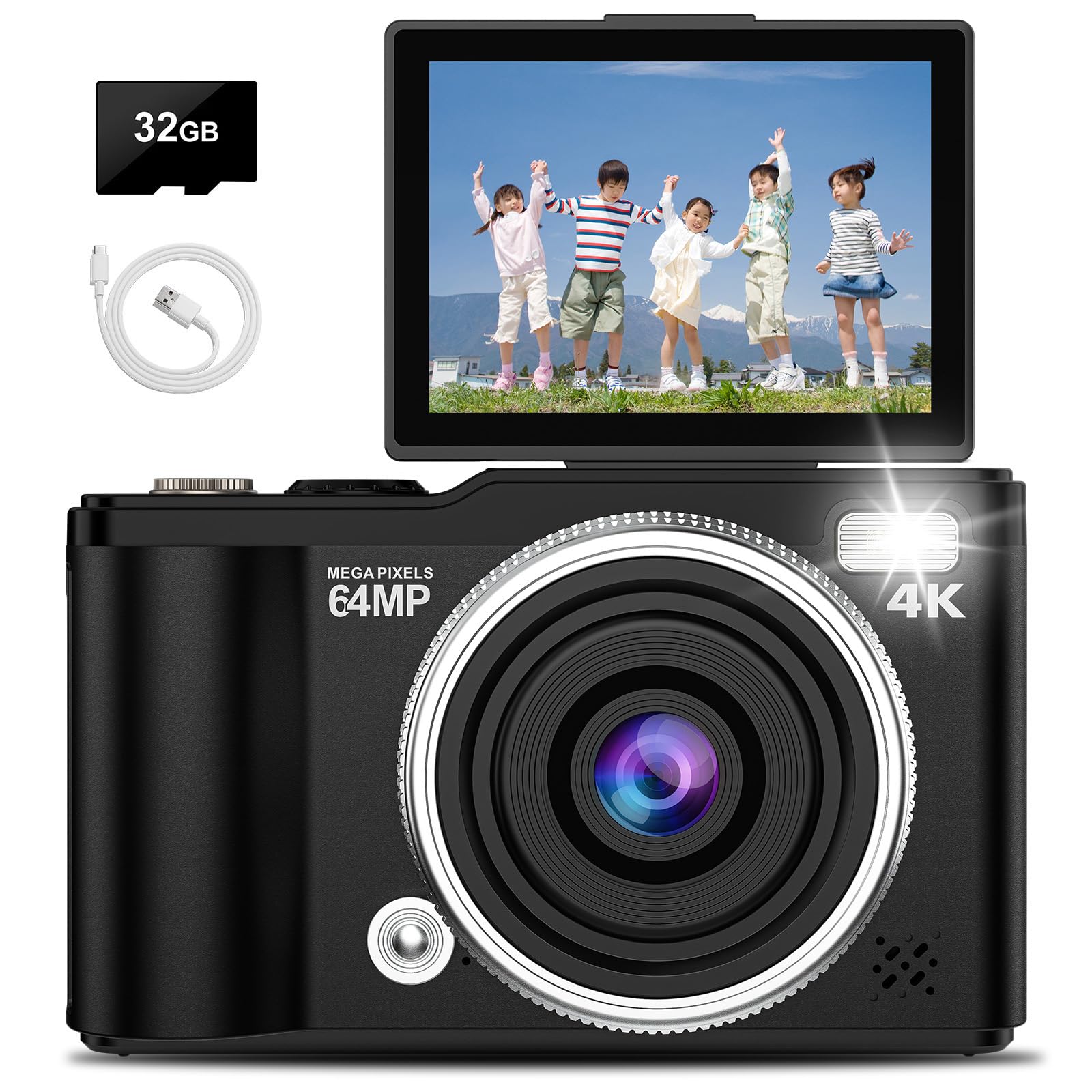 

Beho 4K Digital Rotating Selfie 16x Digital Smile Continuous 32GB Card Rechargeable Lightweight and Portable for and Travel Camera, 64MP, 180° чорний