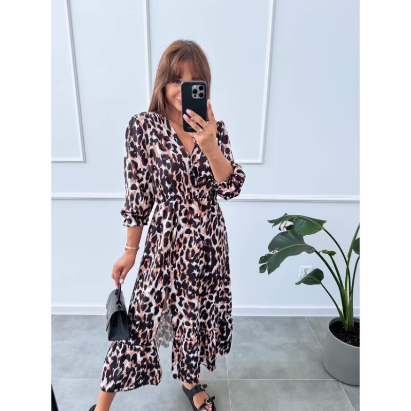 Women's Autumn and Winter New V-neck Small Broken Flowers Sexy Long Dresses