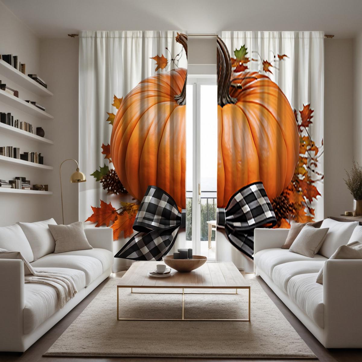 

2 шт. HD Осенний бант с тыквой, декоративная занавеска, желтая завязка, цифровая печать, занавеска, домашний декор, стиль, украшение, гостиная, спальня W52H63inchW132H160cm