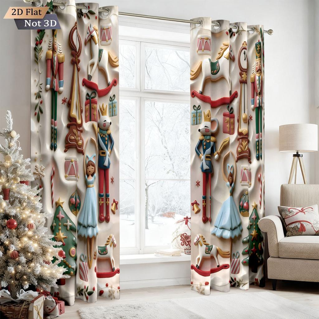 Set Of 2 Imitation Relief Christmas Print Perforated Curtains Multi Size Living Room Bedroom Insulation Decorationeasy Installation Curtain Polyester
