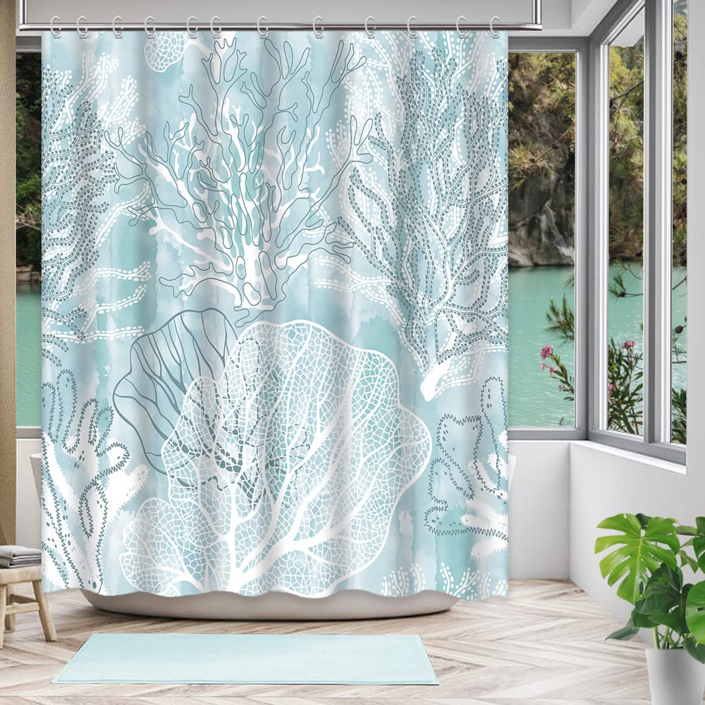 Nautical Coastal Shower Curtain,Beach Ocean Theme Shower Curtain for Bathroom Decor,Summer Tropical Coral Bath Curtain with Hook